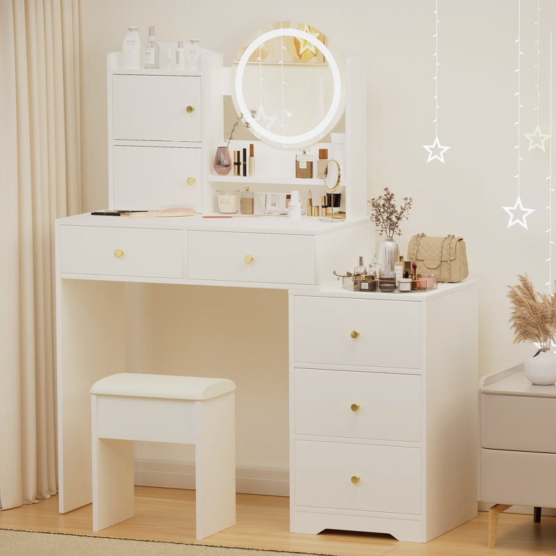 Brayden Studio Chic white vanity desk set mirror cushioned chair adjustable 3 color lighting for makeup bedroom dressing table Wayfair